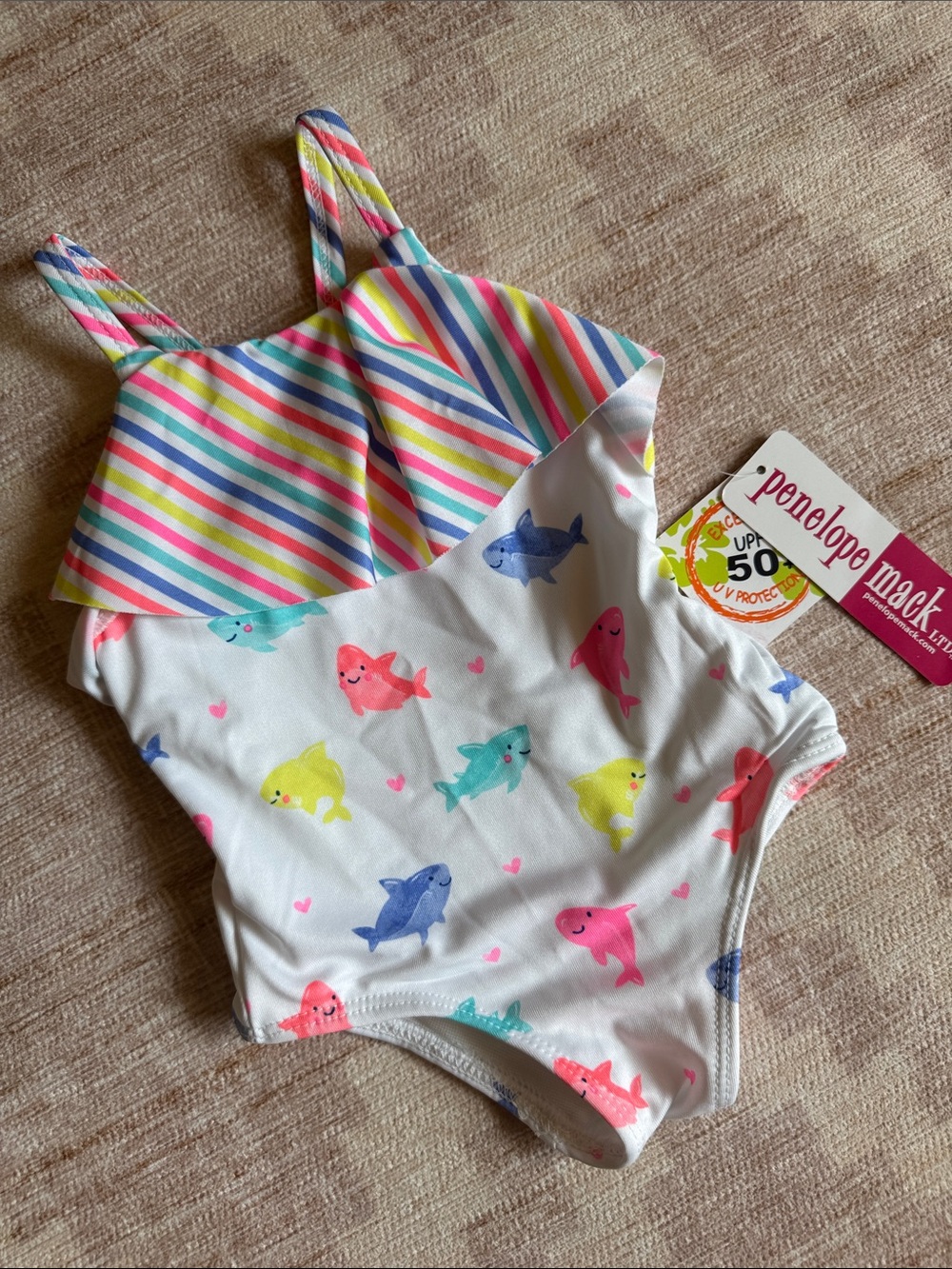 Penelope Mack White 1-Piece Swimsuit with Stripes and Colorful Sharks 12M NWT